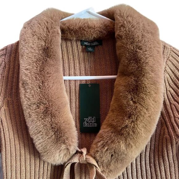 Wild Fable Ribbed Knit Faux Fur Collar Cardigan Sweater Top Brown Size XS NWT - Picture 2 of 9
